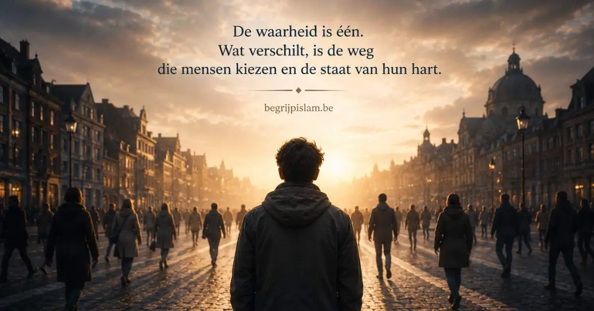 Man staat op een kruispunt in een Europese stad terwijl mensen verschillende richtingen uitlopen als symbool voor waarheid en menselijke keuzes.