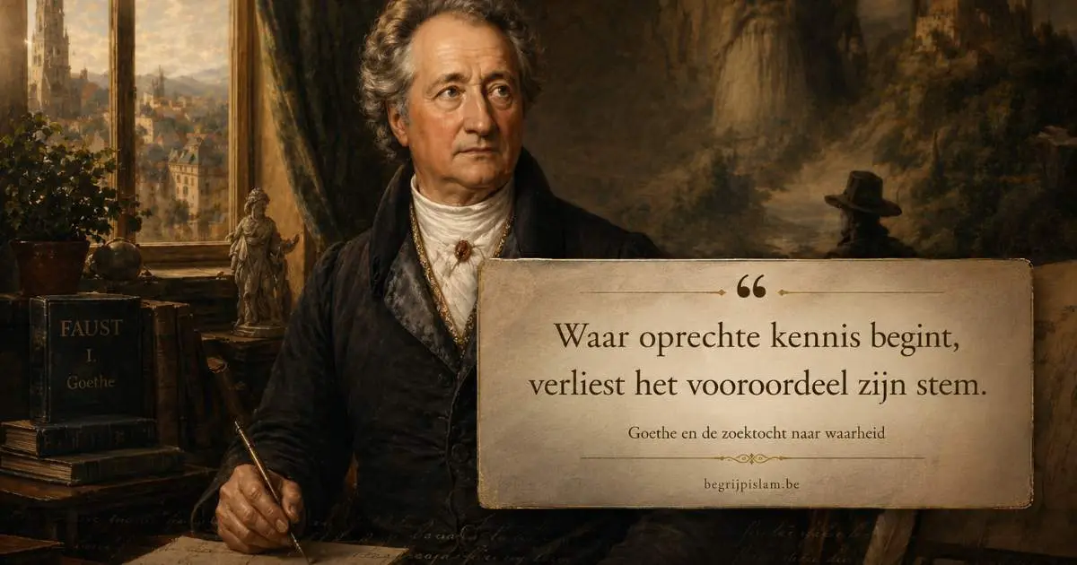 Johann Wolfgang von Goethe in een klassieke studeerkamer met de tekst Waar oprechte kennis begint verliest het vooroordeel zijn stem