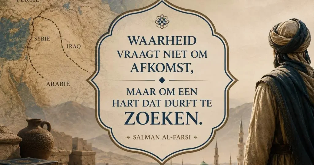 Cinematische illustratie van Salman al-Farsi tijdens de vroege islamitische periode in Medina