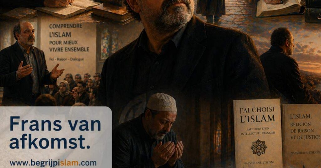 Cinematische editorial scène geïnspireerd door Nasreddin Dinet, islamitische kunst en spirituele rust in Noord-Afrika