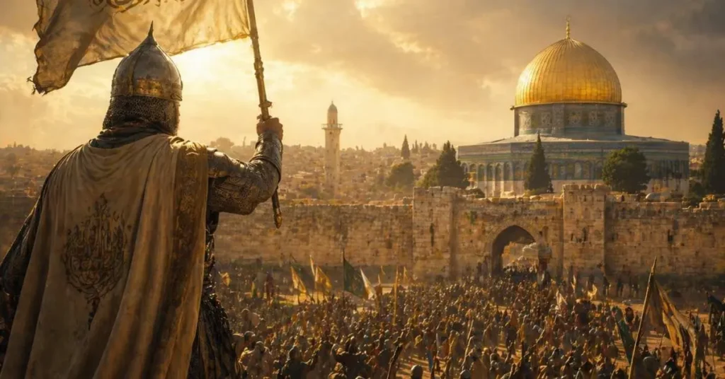 Cinematische editorial scène van de jonge Salah ad-Din tijdens zijn spirituele en militaire vorming in Damascus en Egypte