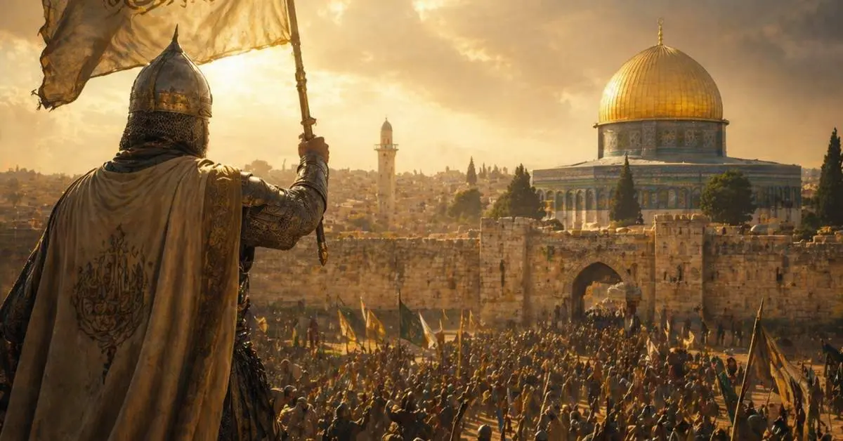 Cinematische editorial scène van de jonge Salah ad-Din tijdens zijn spirituele en militaire vorming in Damascus en Egypte
