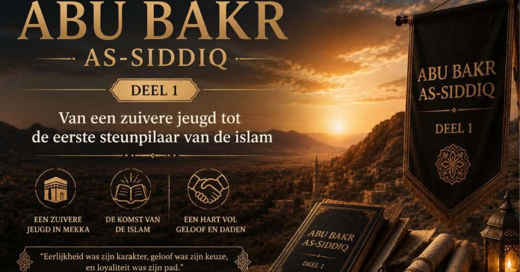 Historische cinematografische afbeelding van Abu Bakr as-Siddiq met een woestijnlandschap, islamitische symbolen en Nederlandse teksten over geloof en loyaliteit.
