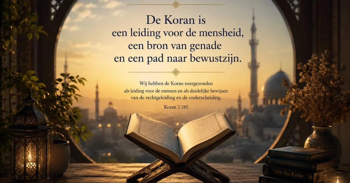 Openliggende Koran in een warme spirituele setting met islamitische architectuur op de achtergrond