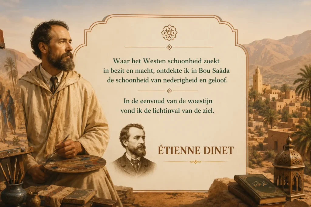 Cinematische editorial scène geïnspireerd door Étienne Dinet, Bou Saâda en islamitische spiritualiteit in Algerije