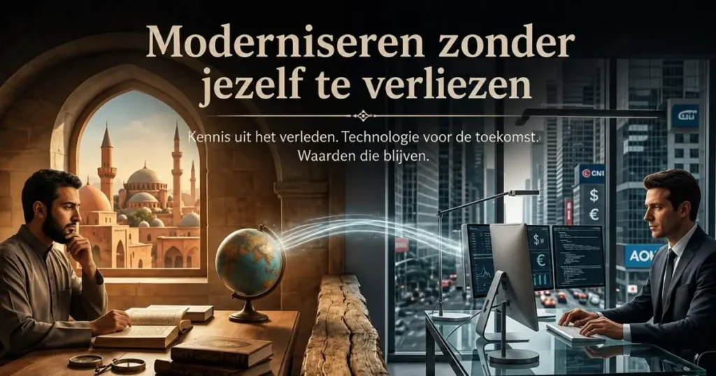 Europese moslim die nadenkt over identiteit, cultuur en globalisering in de moderne samenleving