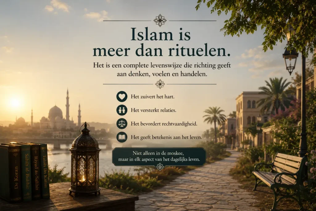 Rustige spirituele illustratie over islam als levenswijze met warme avondverlichting en islamitische sfeer