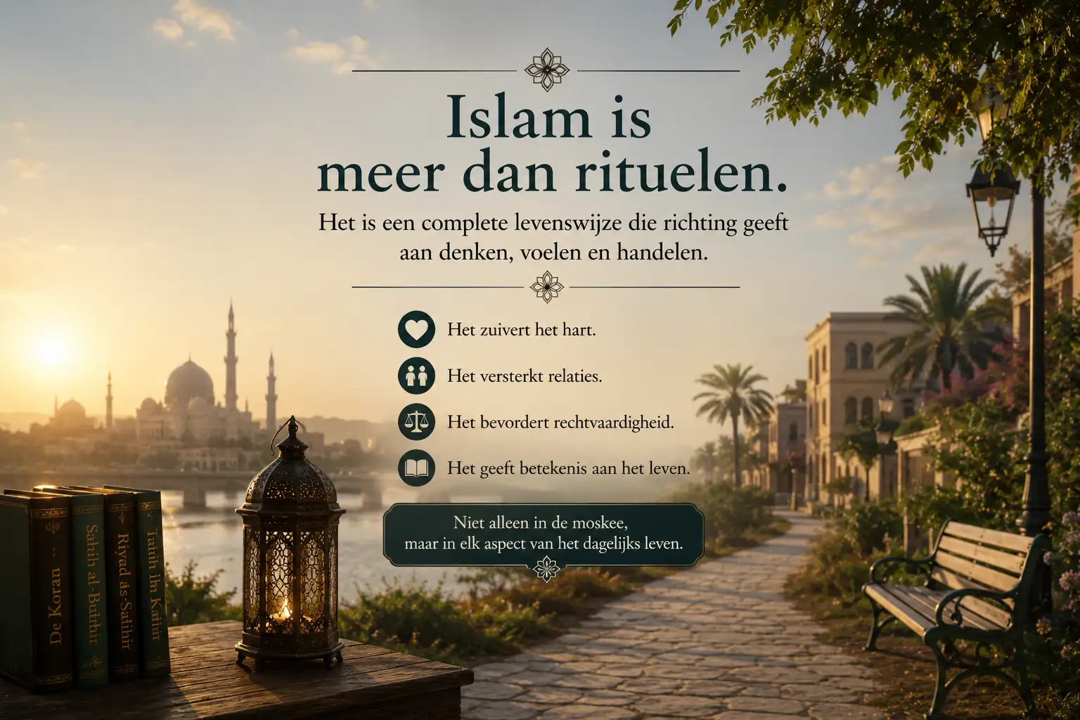 Rustige spirituele illustratie over islam als levenswijze met warme avondverlichting en islamitische sfeer