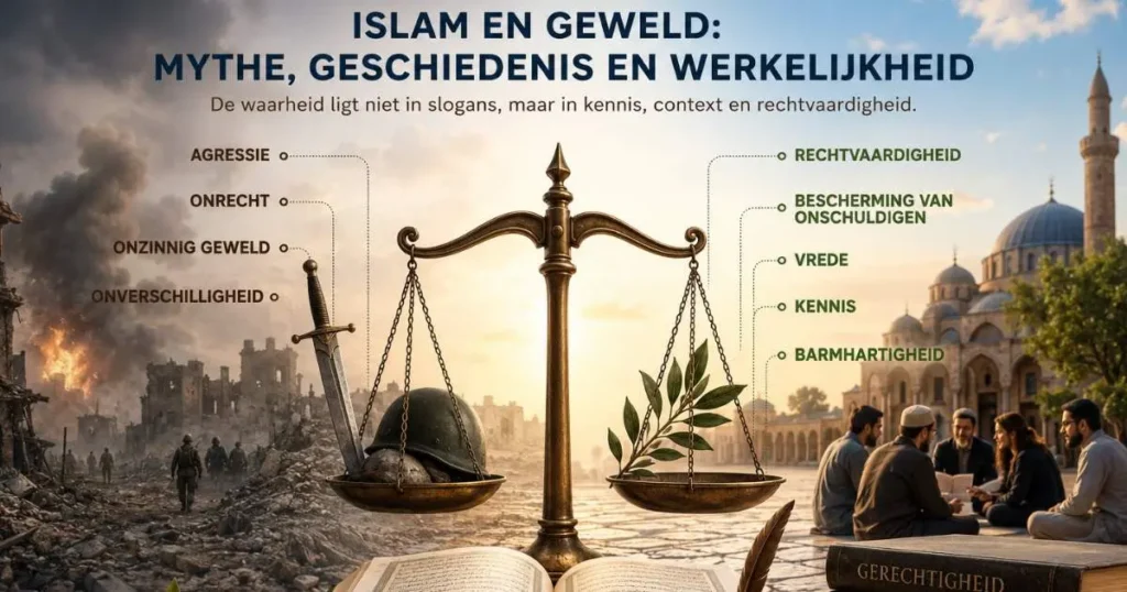 Symbolische Europese afbeelding over islam, oorlog, vrede, rechtvaardigheid en de misvattingen rond geweld in de islam.