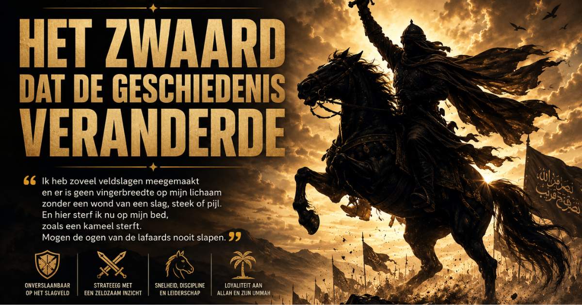 Khalid ibn al-Walid rijdt te paard met getrokken zwaard tijdens een symbolische voorstelling van zijn leiderschap.