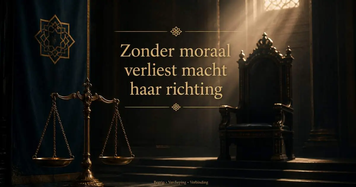 Lege troon en weegschaal van gerechtigheid als symbool voor macht, moraal en verantwoordelijkheid.