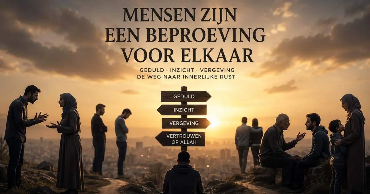 Symbolische afbeelding van menselijke relaties, geduld, vergeving en beproevingen in het leven vanuit islamitisch perspectief.
