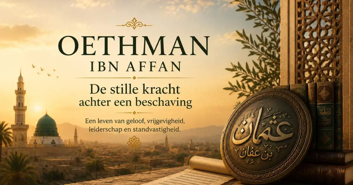 Cinematische illustratie van Oethman ibn Affan met een rustige historische sfeer en islamitische architectuur op de achtergrond.