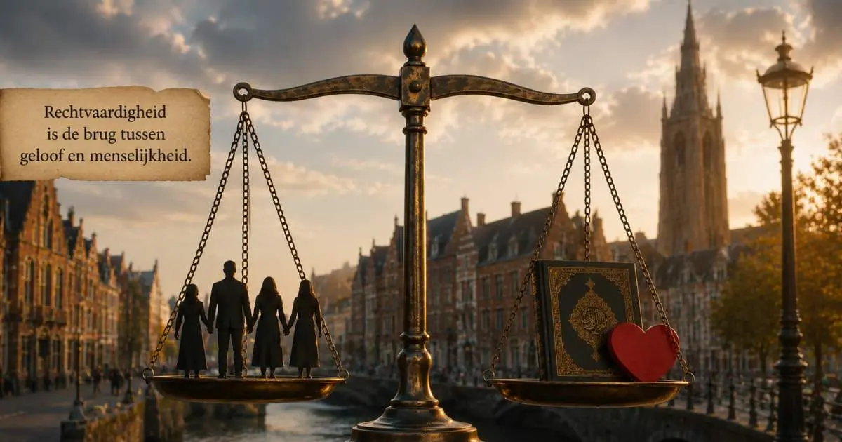 Symbolische afbeelding over polygamie in de islam met een weegschaal die rechtvaardigheid, verantwoordelijkheid en gezinsrechten uitbeeldt.
