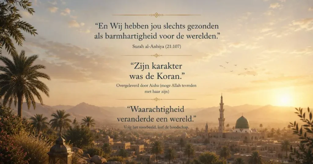 Spirituele islamitische illustratie over de boodschap van profeet Mohammed ﷺ tijdens een gouden zonsondergang