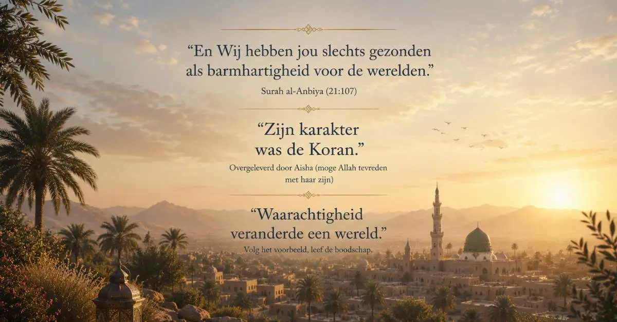 Spirituele islamitische illustratie over de boodschap van profeet Mohammed ﷺ tijdens een gouden zonsondergang