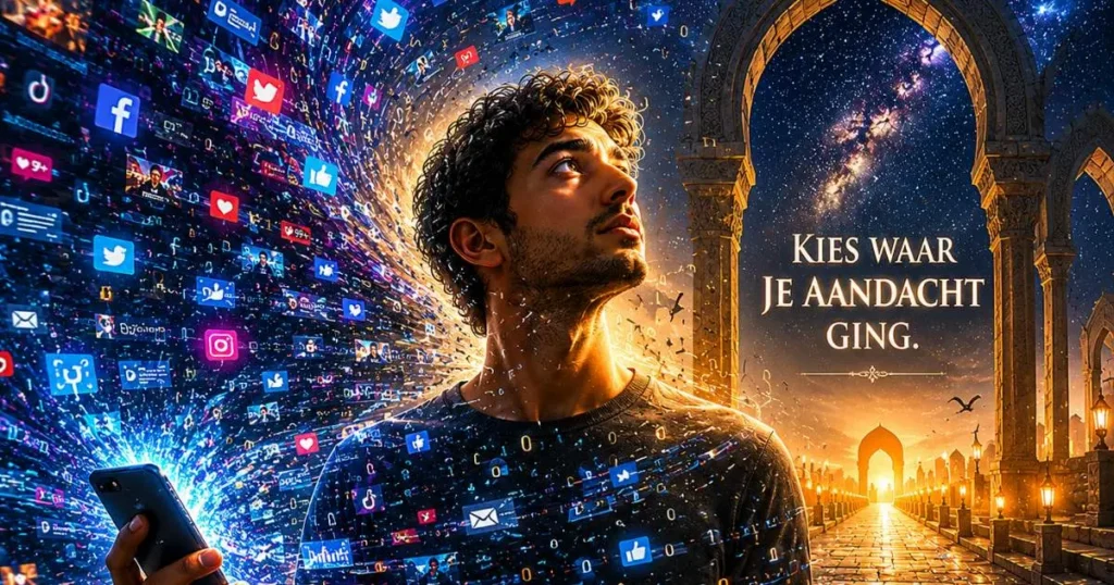 Jonge man tussen digitale chaos en spiritueel licht als symbool van basirah en strategisch bewustzijn in de islam.