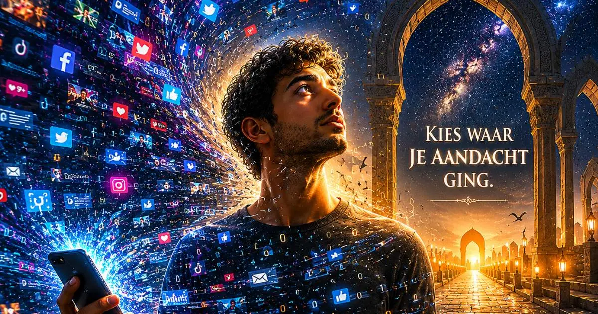 Jonge man tussen digitale chaos en spiritueel licht als symbool van basirah en strategisch bewustzijn in de islam.