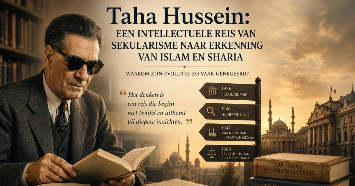 Artistieke illustratie van Taha Hussein als symbool van intellectuele ontwikkeling, moderniteit en het debat over islam en sharia.