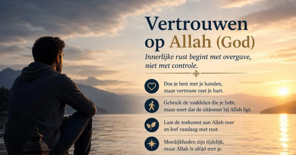 Europese moslim die nadenkt over tawakkul en vertrouwen op Allah tijdens zonsondergang