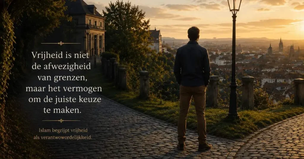 Persoon kijkt uit over een Europese stad bij zonsondergang als symbool voor vrijheid, keuze en verantwoordelijkheid in de islam.