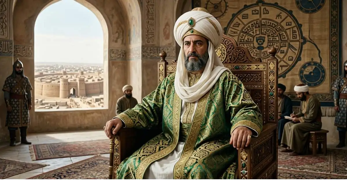 Cinematische editorial scène van Abu Ja’far al-Mansur tijdens de opbouw van Bagdad en de Abbasidische staat