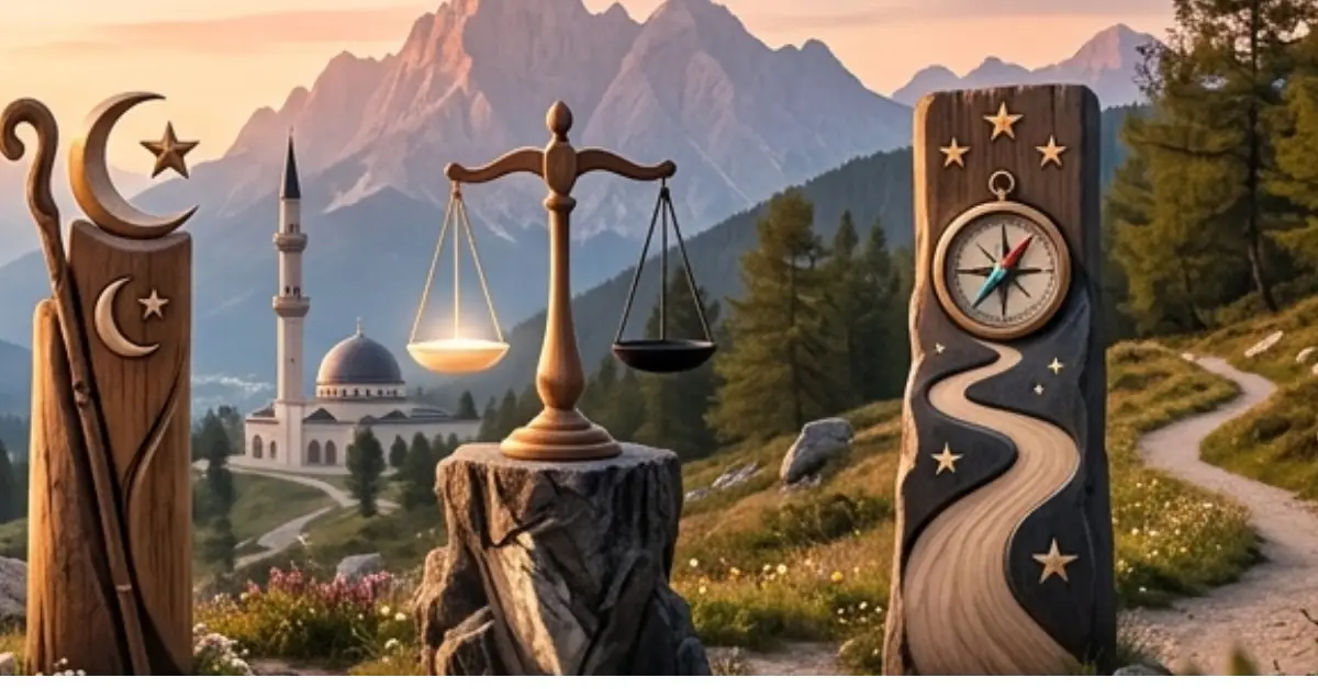 Islamitische spirituele illustratie over iman, tawheed en de zes zuilen van geloof in de islam