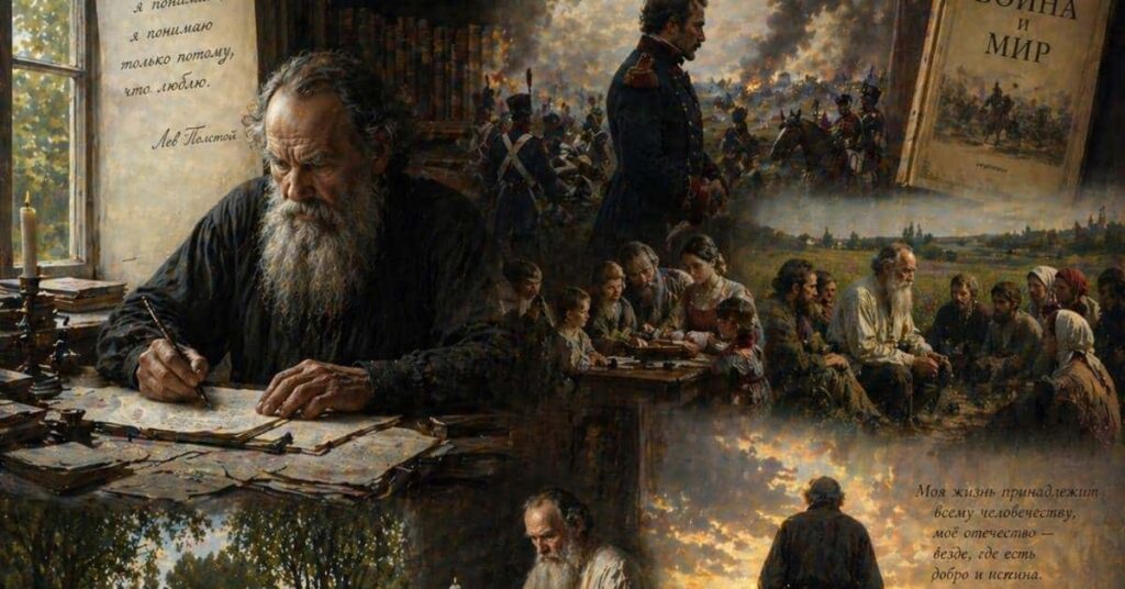 Cinematische editorial scène van Leo Tolstoy tijdens een spirituele zoektocht tussen Rusland en islamitische inspiratie