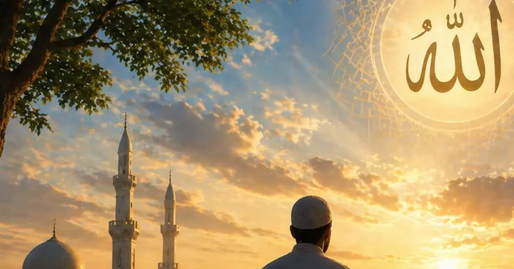 Moslim die nadenkt in een rustige Europese omgeving als symbool voor tawheed en spirituele reflectie in de islam.