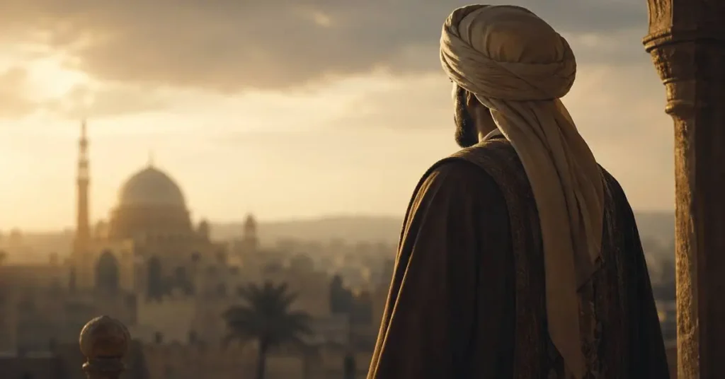 Cinematische voorstelling van Umar ibn Abd al-Aziz als rechtvaardige Omajjadische kalief in een spirituele sfeer van Medina