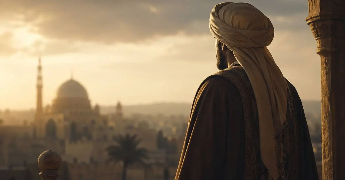 Cinematische voorstelling van Umar ibn Abd al-Aziz als rechtvaardige Omajjadische kalief in een spirituele sfeer van Medina