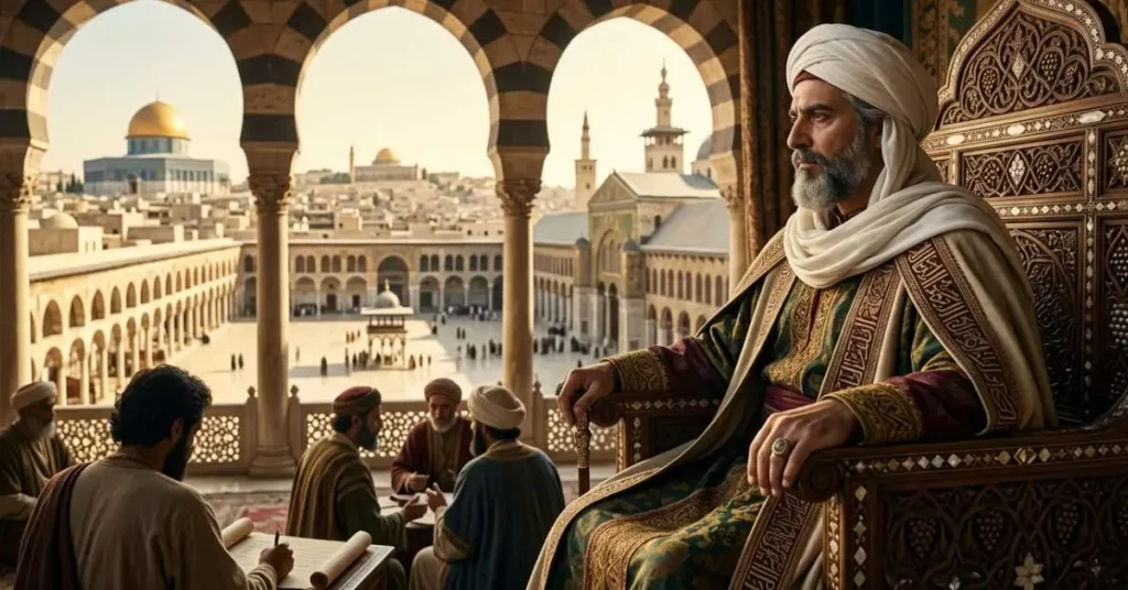 Cinematische editorial scène van Abd al-Malik ibn Marwan tijdens de opbouw van de vroege islamitische staat
