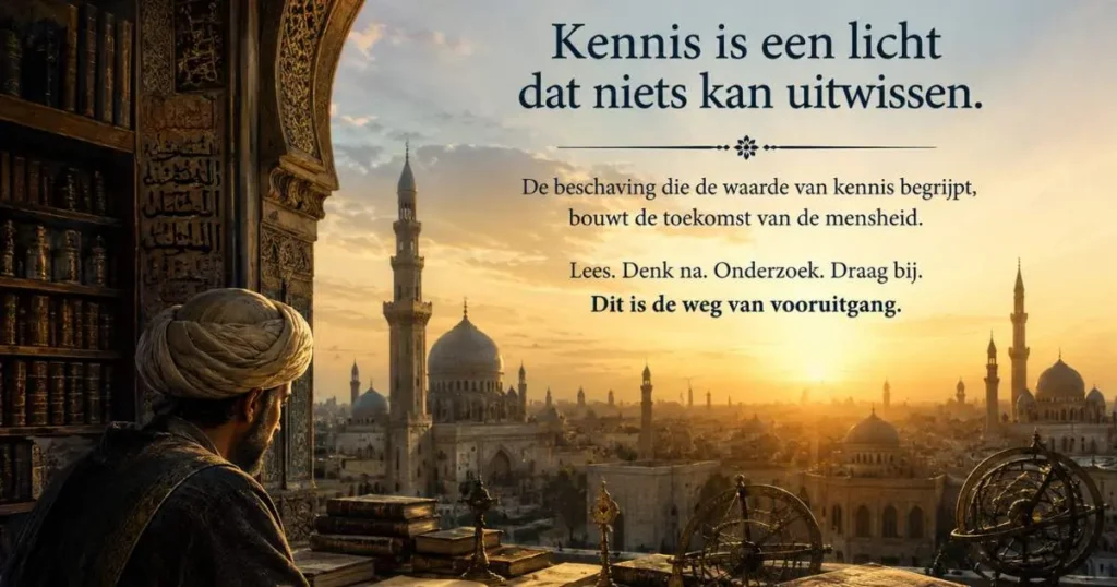 Islamitische geleerde tijdens de Gouden Eeuw van de islamitische beschaving, omringd door boeken en wetenschappelijke instrumenten.