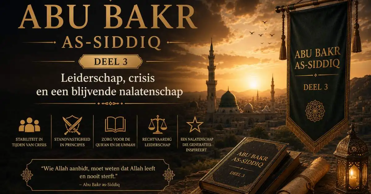 Historische cinematografische afbeelding van Abu Bakr as-Siddiq met Medina, islamitische architectuur en Nederlandse tekst over leiderschap en nalatenschap.