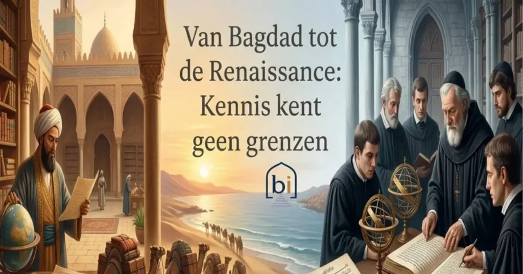 Een historische illustratie die de overdracht van kennis laat zien van een Arabische geleerde in Bagdad naar Europese monniken tijdens de Renaissance, met het logo van Begrijp Islam.