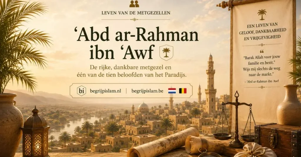 Cinematische beige editorial scène over ‘Abd ar-Rahman ibn ‘Awf, één van de tien beloofden van het Paradijs en symbool van halal rijkdom en vrijgevigheid.