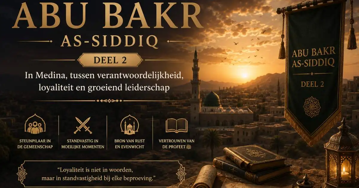 Historische cinematografische afbeelding van Abu Bakr as-Siddiq in Medina met islamitische architectuur, leiderschapssymbolen en Nederlandse tekst over loyaliteit en verantwoordelijkheid.