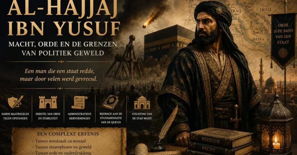 Cinematische historische afbeelding van Al-Hajjaj ibn Yusuf met politieke symboliek, Kaaba, oorlogsscènes en Nederlandse tekst over macht en orde.
