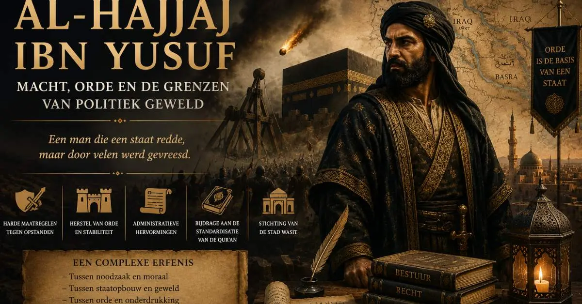 Cinematische historische afbeelding van Al-Hajjaj ibn Yusuf met politieke symboliek, Kaaba, oorlogsscènes en Nederlandse tekst over macht en orde.