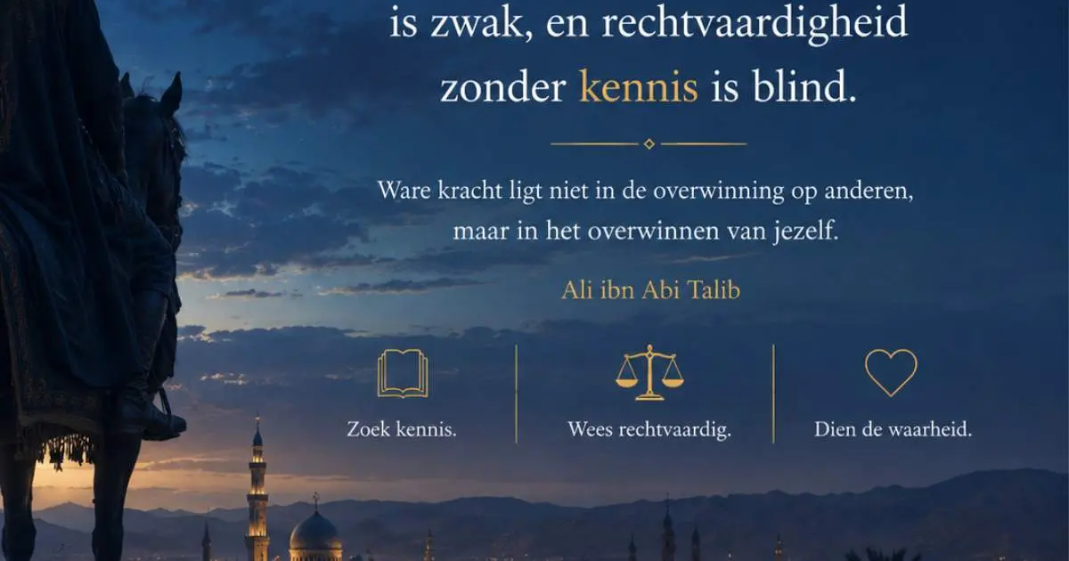 Silhouet van een ruiter te paard bij een verlichte historische stad als symbool van kennis, rechtvaardigheid en morele kracht.
