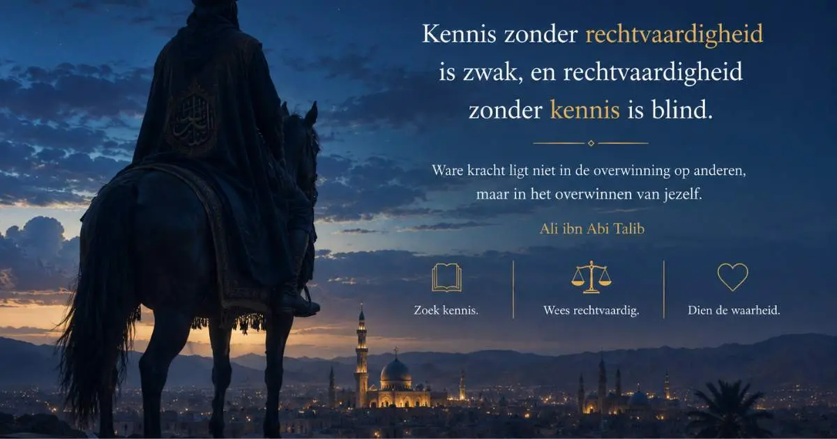 Cinematische avondscène met boeken, een historische stad en symbolen van kennis en rechtvaardigheid, geïnspireerd door Ali ibn Abi Talib.