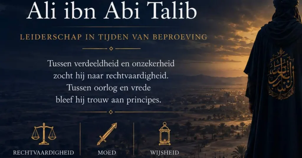 Cinematische scène van een leider die uitkijkt over een historische stad en een verdeeld leger, als symbool van Ali ibn Abi Talib en zijn leiderschap in tijden van crisis.