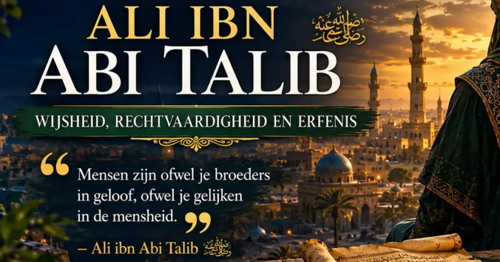 Cinematische historische scène met een silhouet dat uitkijkt over een stad, boeken en manuscripten als symbool van kennis, rechtvaardigheid en het erfgoed van Ali ibn Abi Talib.