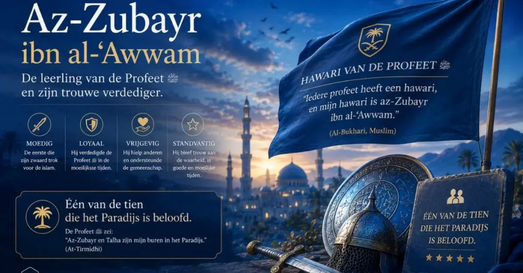 Cinematische islamitische scène over az-Zubayr ibn al-‘Awwam, trouwe verdediger van de Profeet ﷺ en één van de tien beloofden van het Paradijs.