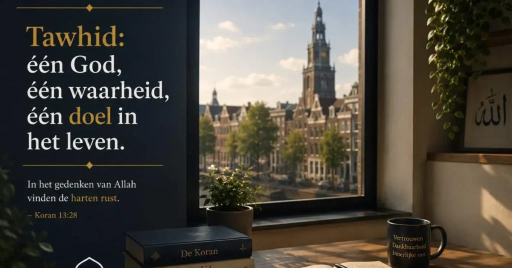 Rustige Europese studeerkamer met islamitische boeken en uitzicht op een Nederlandse stad als symbolische afbeelding van tawhid in de islam.