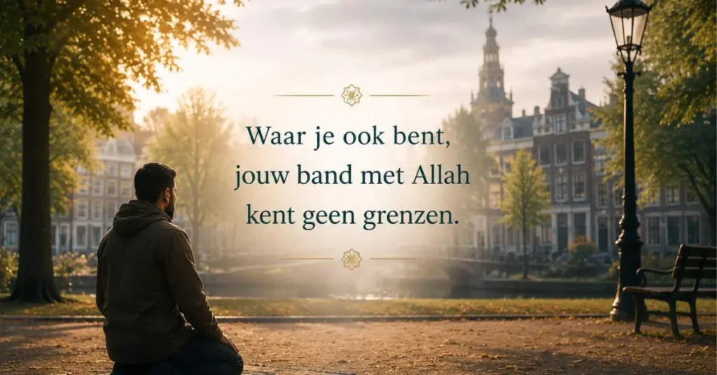Moslim die buiten bidt in een Europees park tijdens zonsondergang