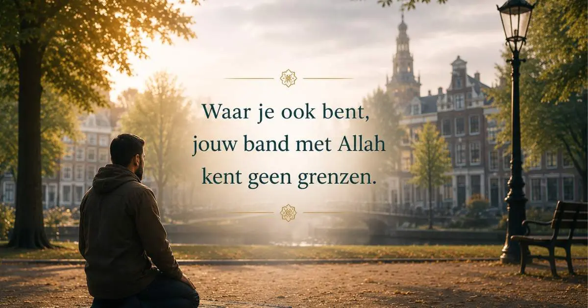 Moslim die buiten bidt in een Europees park tijdens zonsondergang