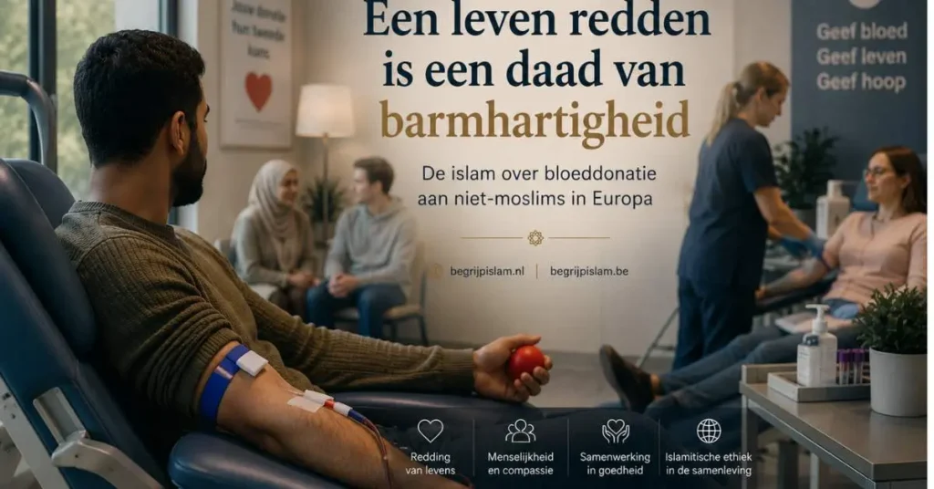 Afbeelding ALT-tekst Moslim doneert bloed in een modern Europees ziekenhuis vanuit islamitische menselijkheid en barmhartigheid.