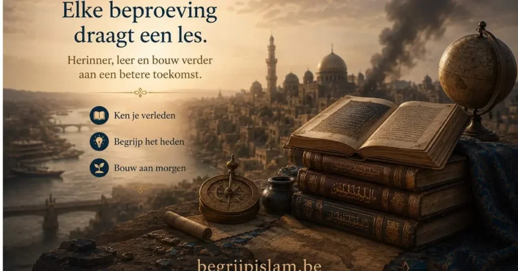 Historische sfeerbeeld van Bagdad tijdens de Mongoolse invasie met boeken, rook en islamitische architectuur.