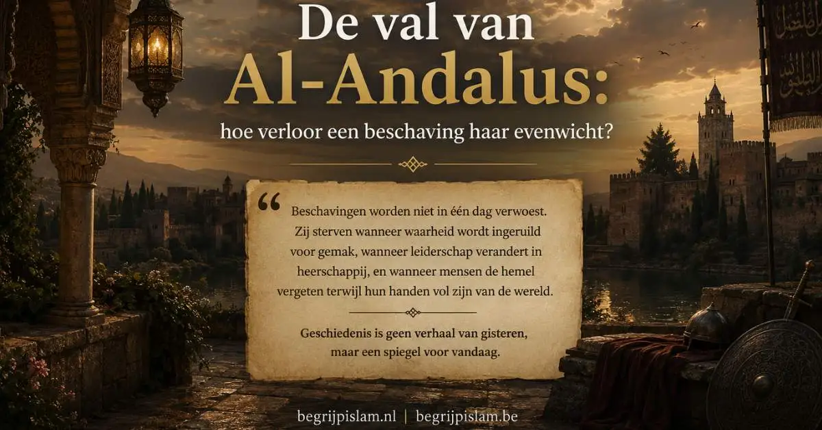 Cinematische historische scène van Al-Andalus bij zonsondergang met Granada, islamitische architectuur en symbolische boodschap over de val van beschavingen.